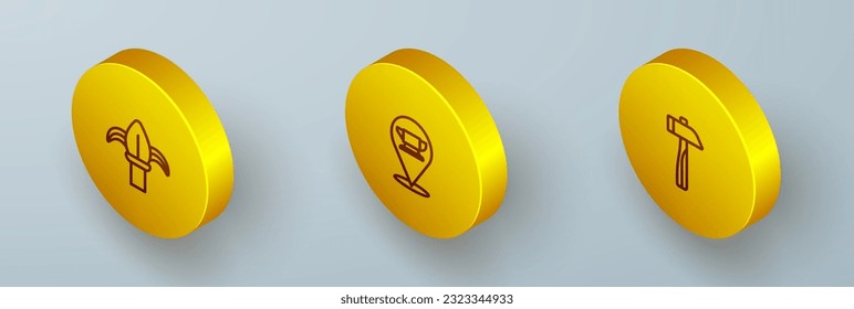 Fila de hierro clásica de línea isométrica, herramienta de yunque de herrero e icono de martillo. Vector
