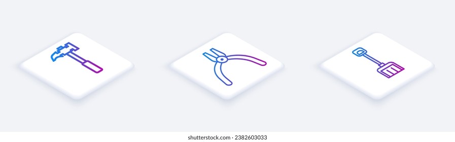 Set Isometric line Claw hammer, Pliers tool and Snow shovel. White square button. Vector