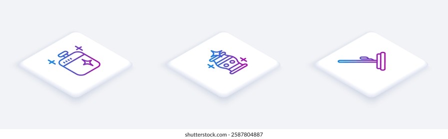 Set Isometric line Clean cooking pot, vase and Mop. White square button. Vector