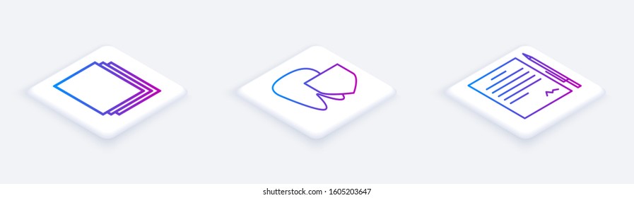 Set Isometric line Clean paper, Tooth with shield and Contract with pen. White square button. Vector