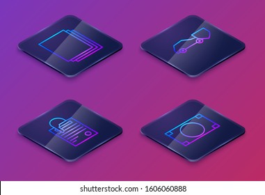 Set Isometric line Clean paper, File document and paper clip, Car with shield and Stacks paper money cash. Blue square button. Vector
