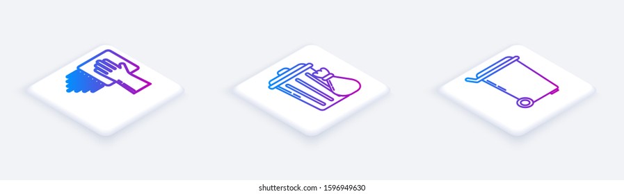 Set Isometric line Cleaning service , Trash can and garbage bag  and Trash can . White square button. Vector