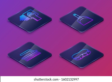 Set Isometric line Cleaning service , Brush for cleaning , Dustpan  and Sponge . Blue square button. Vector