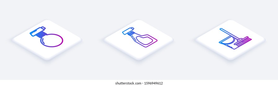 Set Isometric line Cleaning spray bottle with detergent liquid , Cleaning spray bottle with detergent liquid  and Mop and bucket . White square button. Vector