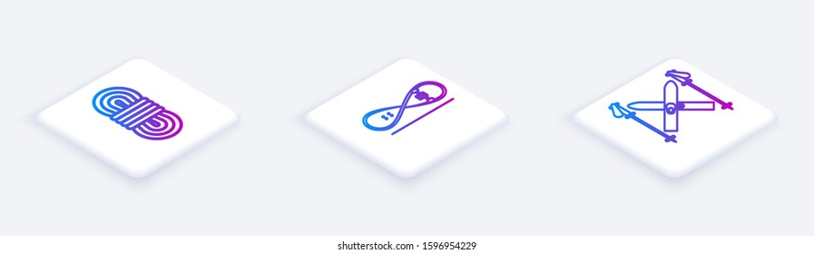 Set Isometric line Climber rope, Skateboard trick and Ski and sticks. White square button. Vector