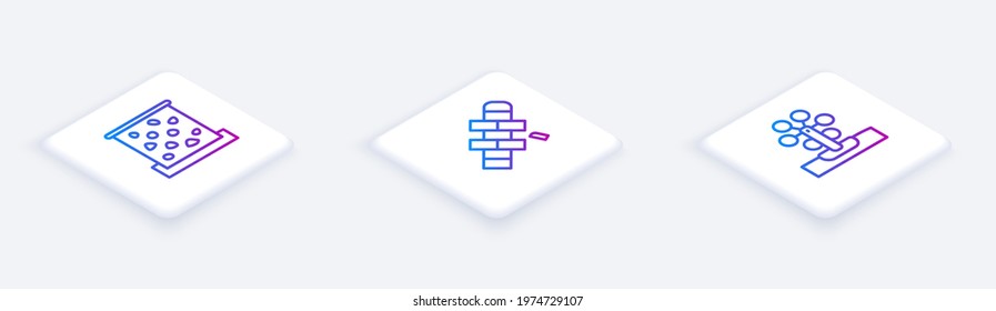 Set Isometric line Climbing wall, Hopscotch and Ferris wheel. White square button. Vector