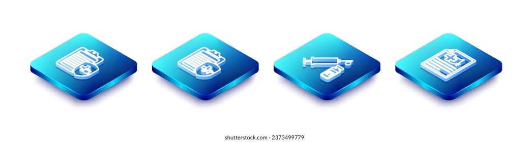 Establecer línea isométrica Tapa de registro clínico, , Jeringa con vacuna y certificado médico para icono de gato de perro. Vector