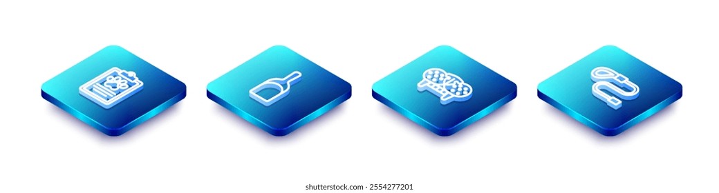 Set Isometric line Clinical record pet, Dustpan, Cat tooth and Retractable leash icon. Vector