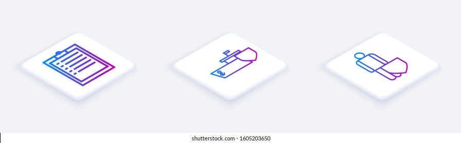 Set Isometric line Clipboard with checklist, Ship with shield and Life insurance with shield. White square button. Vector