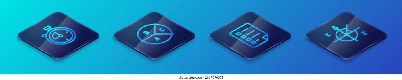 Set Isometric line Clipboard with checklist, Stopwatch, Trigonometric circle and Pie chart infographic icon. Vector