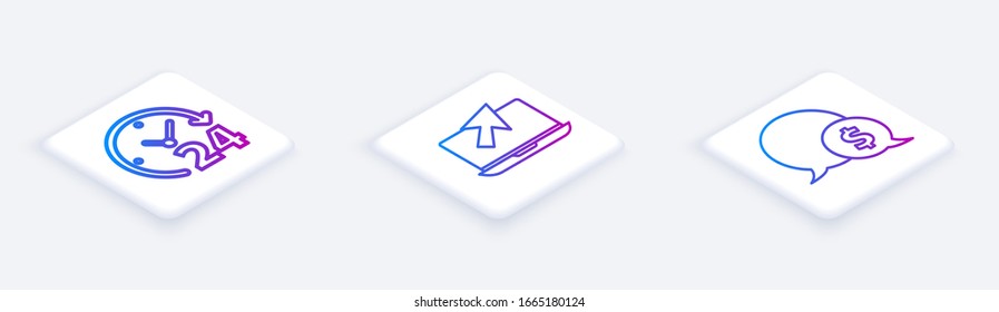 Establecer Reloj de línea isométrica las 24 horas, Portátil y cursor y burbuja de voz con dólar. Botón cuadrado blanco. Vector