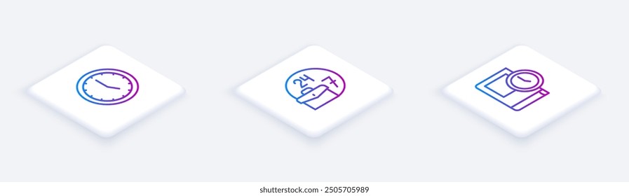 Set Isometric line Clock, Always busy and Time for book. White square button. Vector