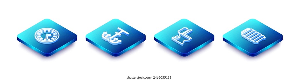 Set Isometric line Clock, Chandelier, Toilet bowl and Heating radiator icon. Vector