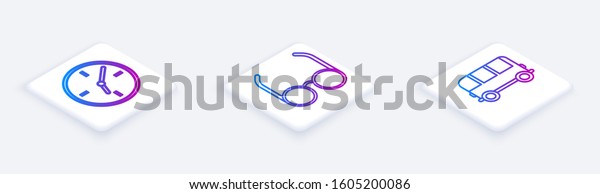 Set Isometric line Clock, Glasses and School Bus.\
White square button.\
Vector