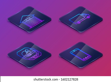 Set Isometric line Closed warehouse , Pizza in cardboard box , Delivery cargo truck vehicle  and Mobile phone with app delivery tracking. Blue square button. Vector