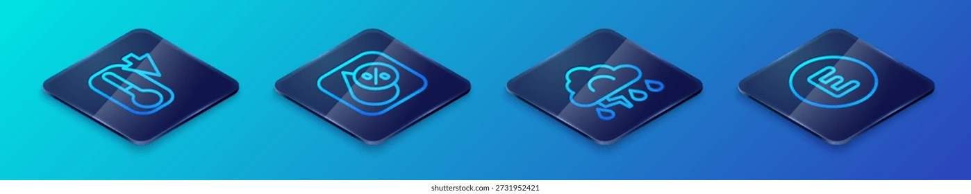 Set Isometric line Cloud and lightning, Thermometer, Compass west and Water drop percentage icon. Vector