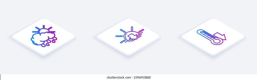 Set Isometric line Cloud with rain and sun, Sunset and Thermometer. White square button. Vector