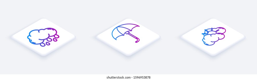 Set Isometric line Cloud with rain, Classic elegant opened umbrella and Sun and cloud weather. White square button. Vector