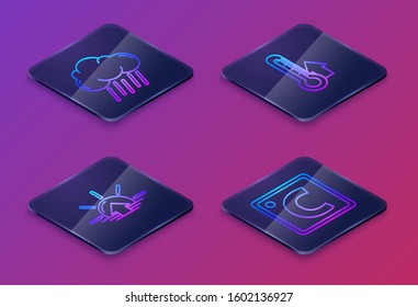 Set Isometric line Cloud with rain, Sunrise, Thermometer and Celsius. Blue square button. Vector