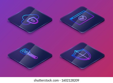 Set Isometric line Cloud and shield, Key , Secure your site with HTTPS, SSL and Shield . Blue square button. Vector