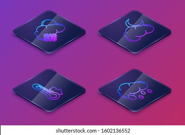 Set Isometric line Cloud with snow and sun, Thermometer, Cloud with moon and stars and Cloud with rain. Blue square button. Vector