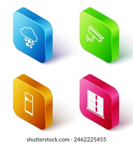 Set Isometric line Cloud with snow and rain, Security camera, Refrigerator and Server, Data, Web Hosting icon. Vector