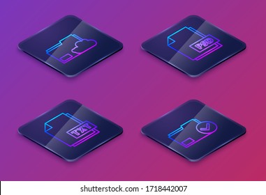 Set Isometric line Cloud storage text document folder, TXT file document, PSD file document and Document folder and check mark. Blue square button. Vector