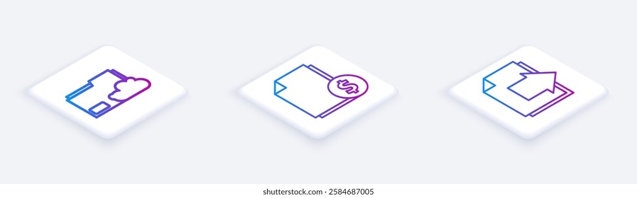 Set Isometric line Cloud storage text document folder, Finance document and Next page arrow. White square button. Vector