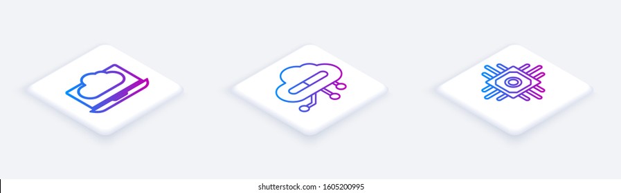 Set Isometric line Cloud technology data transfer and storage, Internet of things and Processor. White square button. Vector