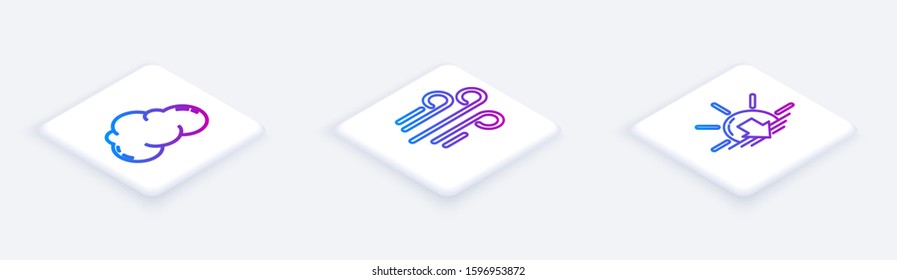 Set Isometric line Cloud, Wind and Sunset. White square button. Vector