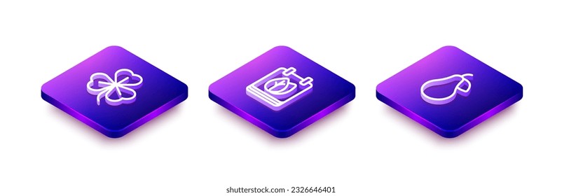 Set Isometric line Clover, Calendar with autumn leaves and Pear icon. Vector