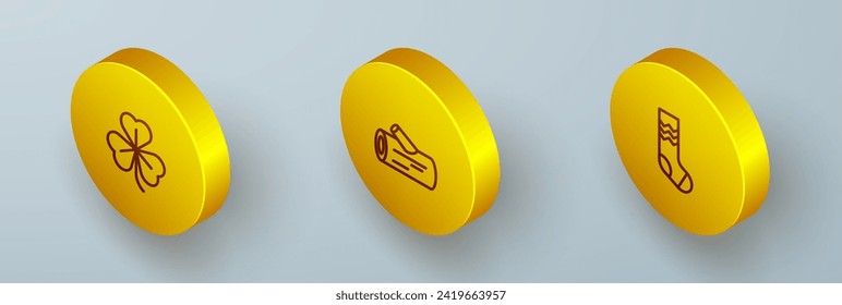 Set Isometric line Clover, Wooden log and Socks icon. Vector