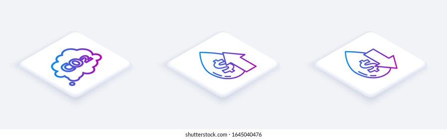 Set Isometric line CO2 emissions in cloud, Oil price increase and Drop in crude oil price. White square button. Vector