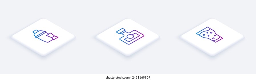 Set Isometric line Cocktail shaker, Alcohol drink Rum and Glass of beer. White square button. Vector