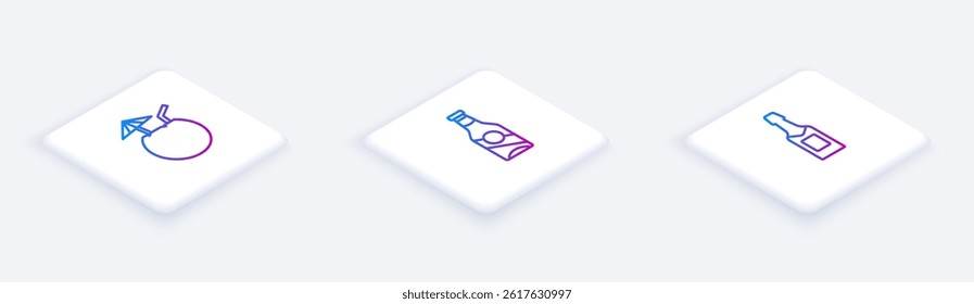 Set Isometric line Coconut cocktail, Beer bottle and Champagne. White square button. Vector