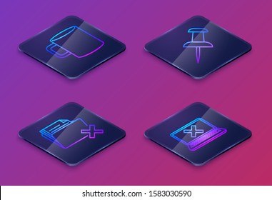 Set Isometric line Coffee cup flat, Delete folder, Push pin and Laptop and cross mark on screen. Blue square button. Vector