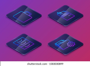 Set Isometric line Coffee cup, Drawer with documents, Note paper with pinned pushbutton and Folder settings with gears. Blue square button. Vector