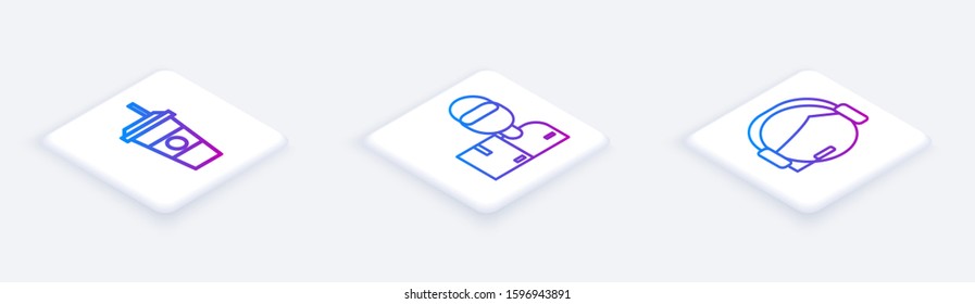Set Isometric line Coffee cup , Delivery man with cardboard boxes  and Support operator in touch. White square button. Vector