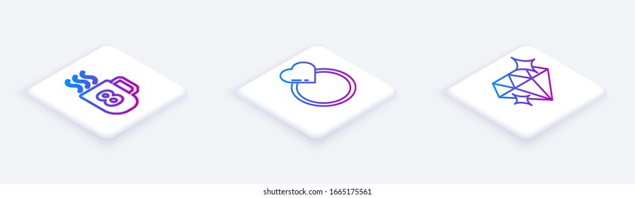 Coloque la línea isométrica taza de café con 8 de marzo, anillos de boda y Diamante. Botón cuadrado blanco. Vector