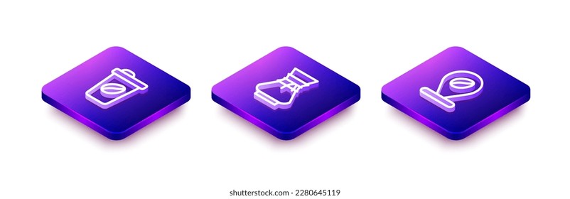 Set Isometric line Coffee cup to go, Pour over coffee maker and Location with bean icon. Vector