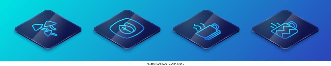 Set Isometric line Coffee cup, Mushroom, Cup tea and Leaf icon. Vector