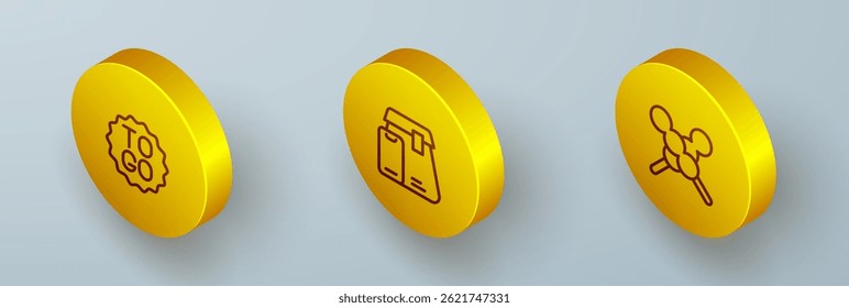 Set Isometric line Coffee cup to go, Online ordering food and Meatballs on wooden stick icon. Vector