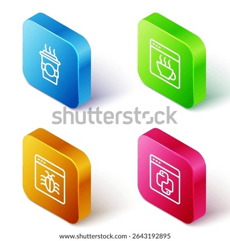 Set Isometric line Coffee cup to go, Software, System bug and Python programming language icon. Vector