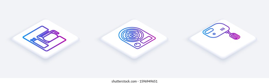 Set Isometric line Coffee machine with glass pot , Electric heater  and Electric mixer . White square button. Vector