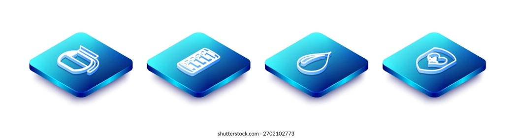 Set de Cafetera de línea isométrica, Smartphone con contactos, gota de agua y escudo e icono de frecuencia cardíaca. Vector