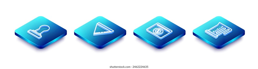 Set Isometric line Coffee tamper, paper filter, Bag coffee beans and Electric kettle icon. Vector