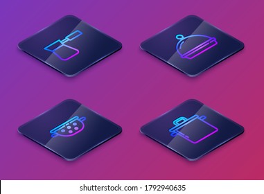 Set Isometric line Coffee turk, Kitchen colander, Cubierto con comida de la bandeja y olla de cocina. Botón cuadrado azul. Vector