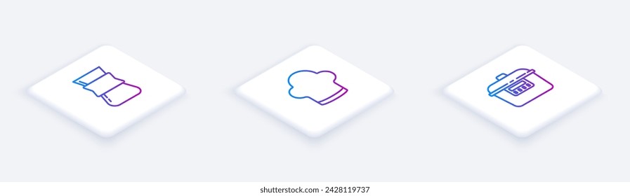 Set Isometric line Coffee turk, Chef hat and Slow cooker. White square button. Vector