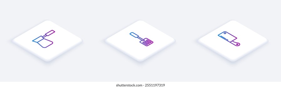 Set Isometric line Coffee turk, Spatula and Meat chopper. White square button. Vector