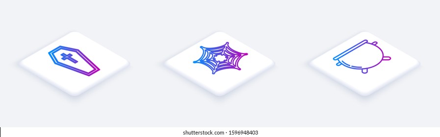 Set Isometric line Coffin with christian cross , Spider web  and Halloween witch cauldron . White square button. Vector